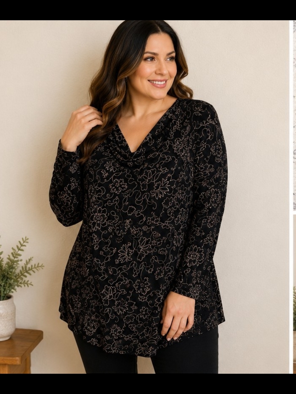 Briggs New York Women's 3X Black Floral Cowl Neck Tunic Top Stretch Plus
